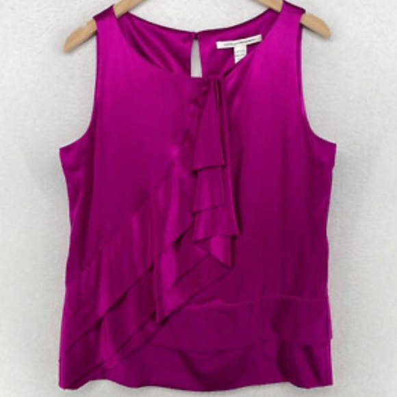 Diane Von Furstenberg Silk Satin Tiered Ruffle Tank in Magenta - Picture 1 of 4